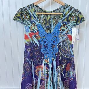 Unity World Wear Top Hippie Fairy Bohemian Blue Paisley Crochet Handkerchief Hem